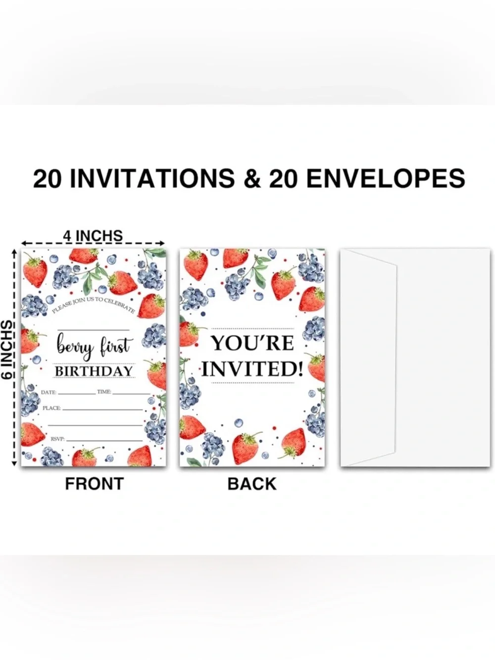 5for$10 Berry 1st Birthday Invitations, 20-Pack Double-sided Strawberry Party
